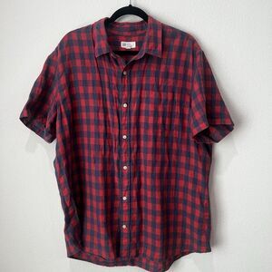 Gap Men Standard Fit Plaid Red And Blue Short Sleeve Linen Blend Shirt Sz Xl